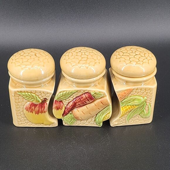 Vintage SAC Ceramic Spice Canisters Jars Set of 3 Retro Veggies Vegetables - Picture 6 of 6